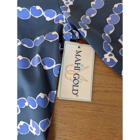 Mahi Gold Jersey Knit‎ Dress Scoop Neck 3/4 Sleeve Blue White Print XS - Picture 4 of 10